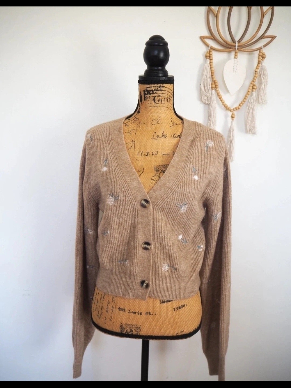 Love Tree Taupe Embroidered V-Neck Button Cardigan
